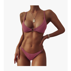 ZAFUL Women's Ribbed O-Ring String Bikini Swimsuit Cheeky Thong Swimwear Two Pieces Bathing Suit M