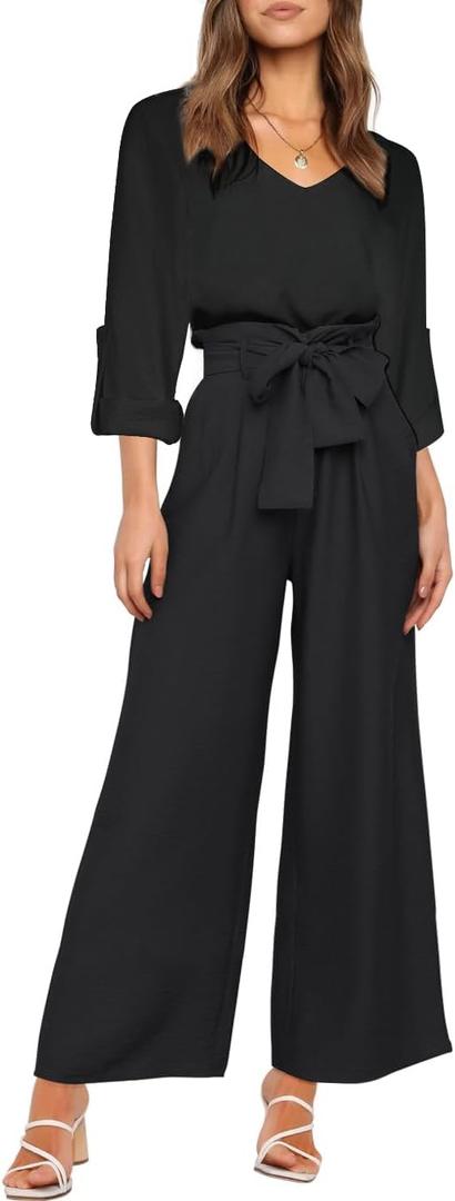 FANCYINN Womens 2 Piece Outfit Set V Neck Long Sleeves Tops High Waisted Paper Bag Pants with Belt (X-Small, B-black Long Sleeves Top & Wide Leg Pant)