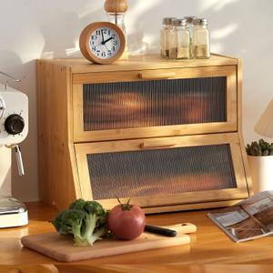 GHWIE Double Layer Bamboo Bread Box for Kitchen Counter,Large Capacity Bread Storage Bin,Bread Container with Acrylic Wavy Door Panel (Natural, Medium)