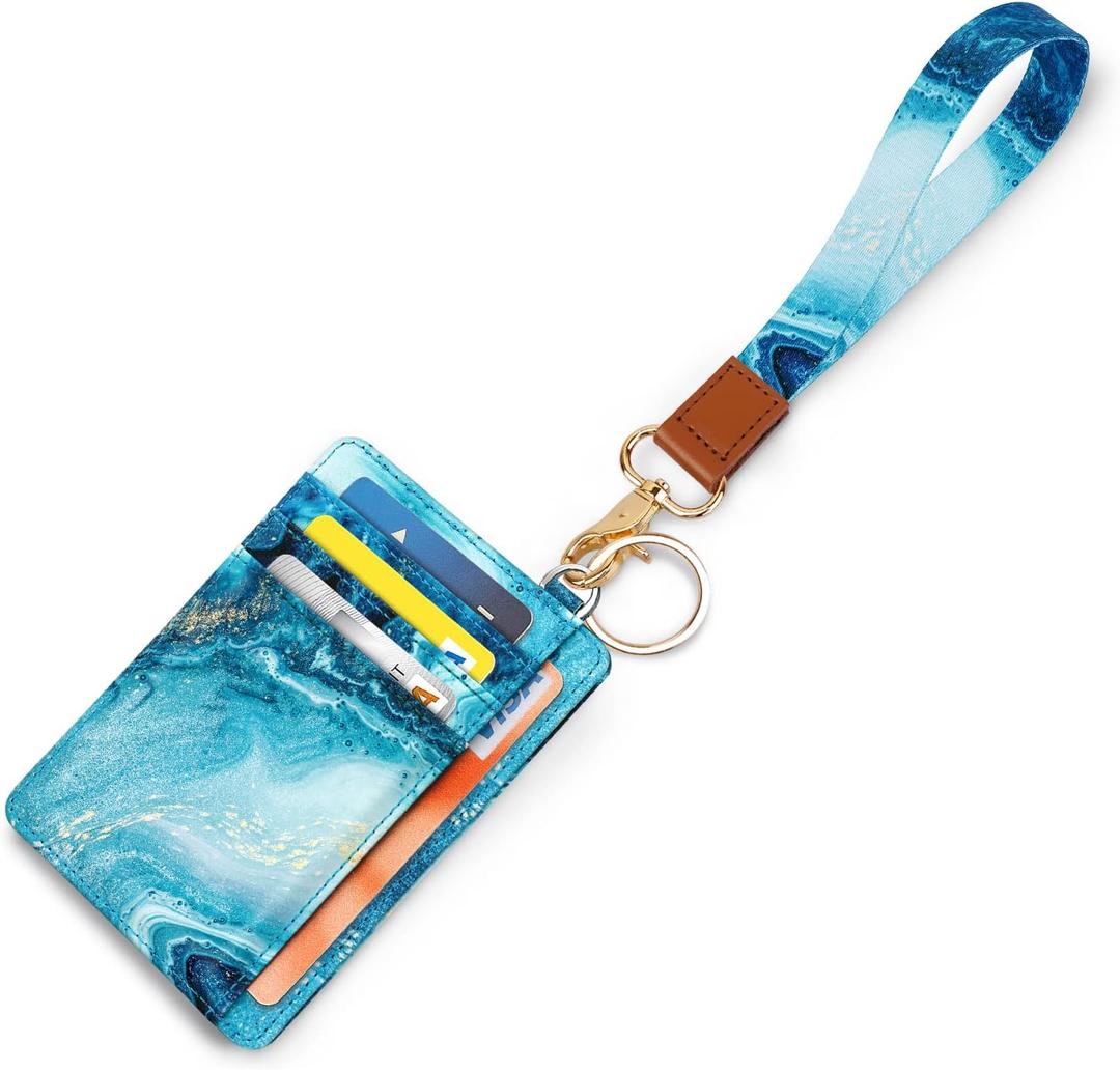 Slim Front Pocket Wallet RFID ID Card Holder Cute Small Wallet with Wrist Lanyards Key Chain Holder for Women,Flowing Blue