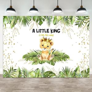 9x6ft Baby Shower Backdrop A Little King is On His Way Photography Background Lion Crown Jungle Forest Green Leaf Kid Birthday Party Banner Decorations Newborn Portrait Photo Booth Prop