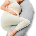 Momcozy J-Shaped Pregnancy Pillow for Sleeping with Cooling Cover, Side Sleeper Support for Belly, Hip & Leg, Deep Grey, 48inch