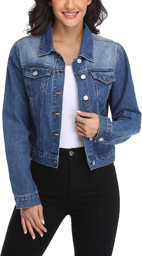 andy & natalie Women's Denim Jackets Cropped Long Sleeve Basic Button Down Crop Jean Shacket with Pockets (X-Large, Dark Blue)