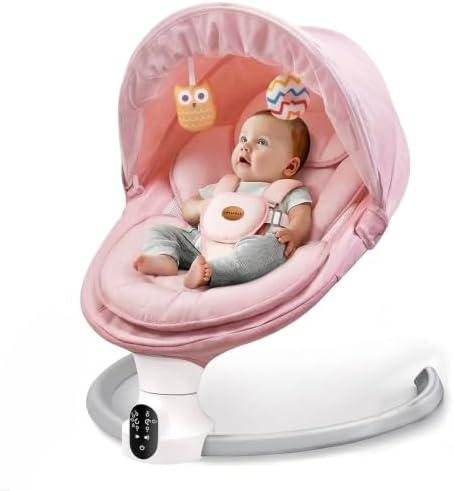 Baby Swing for Infants - Electric Baby Rocker with Exclusive App Function, Upgraded 5 Point Harness, Bluetooth Support, 10 Preset Lullabies and 5 Speeds, Portable Swing for Baby Boy Girl（Pink）