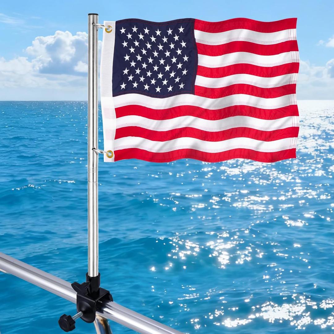 Boat Flag Kit with Flag Holder, 12x18 Inch US Flag with Adjustable Pole Stainless Steel Clamp, 50 Embroidered Stars American Flag Boat Accessories (12x18)