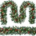 9 FT Christmas Garland with Lights,Battery Operated Lighted Garland with Pine Cones Red Berries Lush Branches,50 LED Lights 8 Modes,Christmas Decor Mantle Fireplace Indoor Outdoor Home