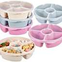 Kigley 4 Pcs Divided Serving Tray with Lid Vegetable Tray with Lid Fruit Platter 5 Compartment Vegetable Platter Reusable Round Food Containers Plastic Serving Dish for Lunch Meal Snack Storage