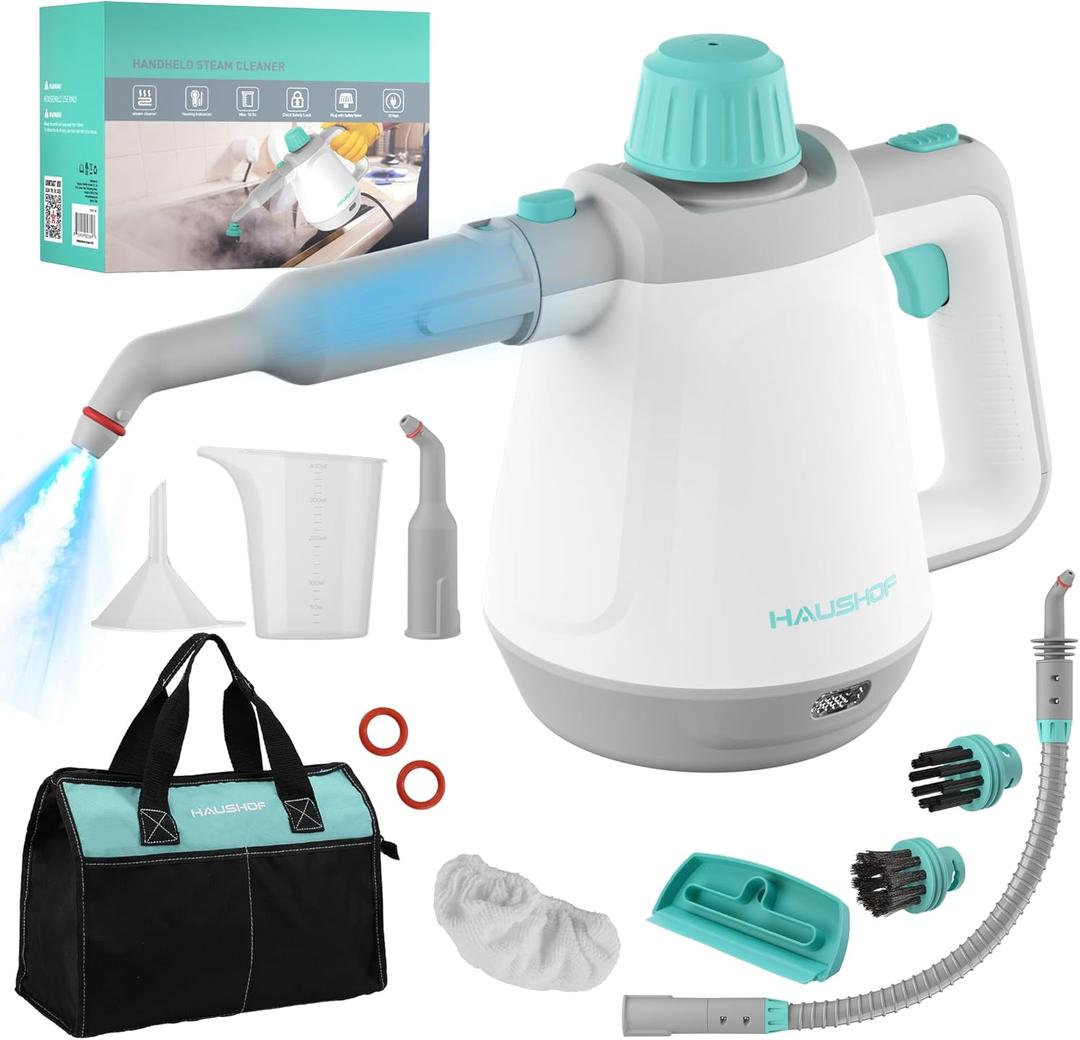 HAUSHOF Handheld Steam Cleaner, Steam Cleaner for Home with Tool Bag & Safety Lock, 11 pcs Accessories, Multi-purpose Natural Steam Cleaner for Cleaning Floor, Car, Upholstery, Grout and Grease