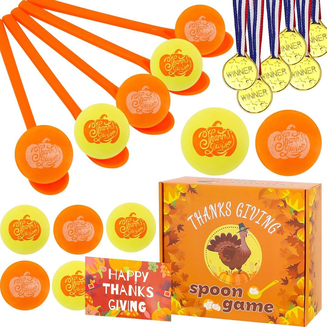 Thanksgiving Party Game Spoon Race Game Set 24 Thanksgiving Themed Balls and Spoons for Boys Girls Adults Thanksgiving Fall Festival Party Favors, Family Classroom Activities Supplies
