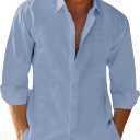 Button Down Linen Shirts for Men Casual Long Sleeve Regular Fit Cotton Beach Shirts with Pocket (X-Large, Blue)