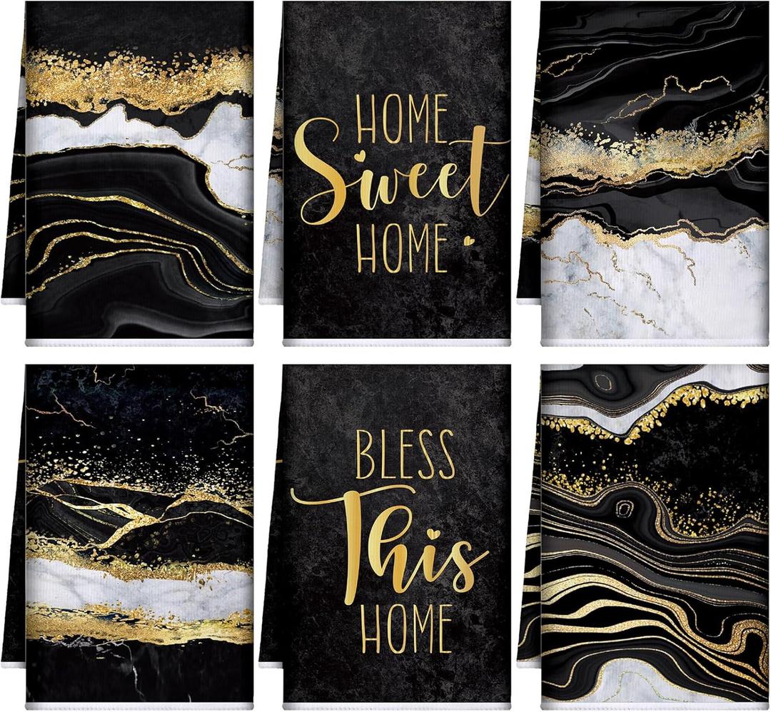 Bencailor 6 Pcs Black and Gold Kitchen Towels Marble Dish Hand Towels Farmhouse Absorbent Tea Washcloths for Bathroom Kitchen Decor Winter Decorations Gifts 24 x 16''