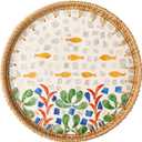 Round Rattan Tray with Mother of Pearl Inlay, Decorative Wicker Serving Tray with Wooden Base, Woven Basket Trays for Bread Fruits Coffee (Seabed)