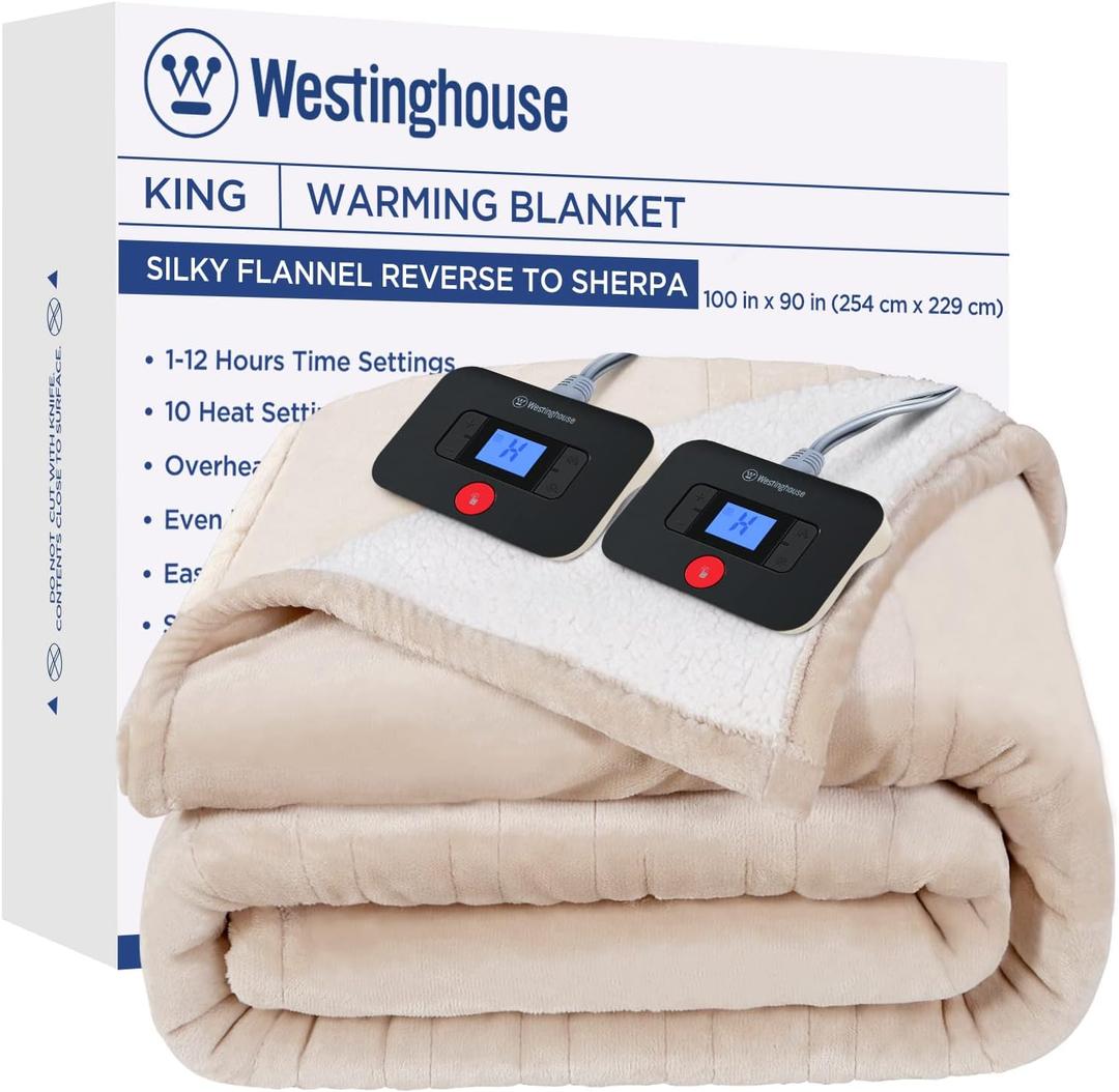 Westinghouse Electric Blanket King, Heated Blanket King Size with 10 Heating Levels and 1 to 12 Hours Heating Time Settings, Flannel to Sherpa Reversible, Machine Washable (90" x 100", Beige)