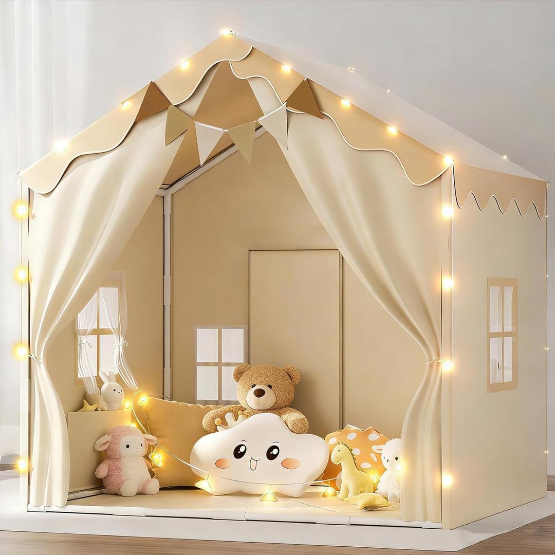 EagleStone 2-in-1 Kids Tent, Large Play Tent with Padded Mat and Lights, Kids Playhouse with 2 Doors & 4 Windows, 2 Large Side Pockets, Indoor Outdoor Kid Play Tent for Toddlers, 53" x40" x 51"
(Double Door White)