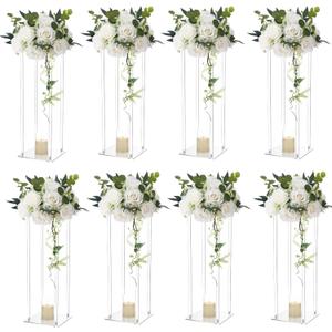Daifunli 8 Set 15.75 Inch Acrylic Vase Stand Wedding Centerpieces Holder with Artificial Flower Balls and LED Lights Candles for Wedding Party Table Home Decorations