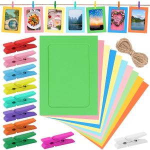 Paper Picture Frames 4x5 Inch with Clips Hanging Photo Display Banner for Pictures Colorful DIY Cardboard Frames with String for Wall Decor and Party Supplies,10 Pcs