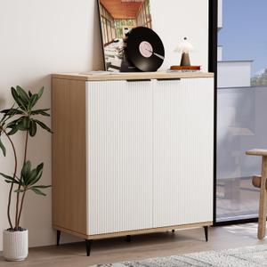 Sideboard Cabinet with Storage and Accent Flute Coffee Bar Console Entryway Cabinet in White and Natural for Kitchen and Dining Room and Living Room (1 pc)