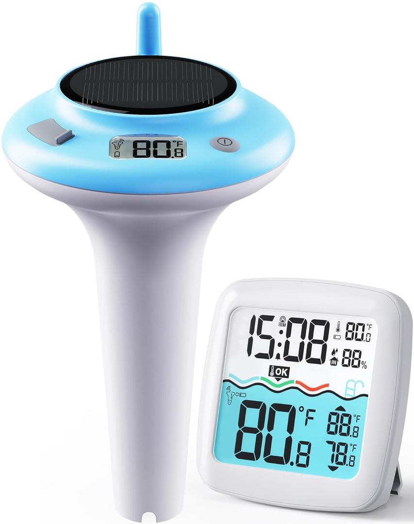 NoWoW Solar Pool Thermometer Floating Easy Read, IPX8 Waterproof Wireless Digital Thermometer with Indoor Thermometers for Swimming Pool, Spa, Aquarium, Cold Plunge, Hot Tub, Pond