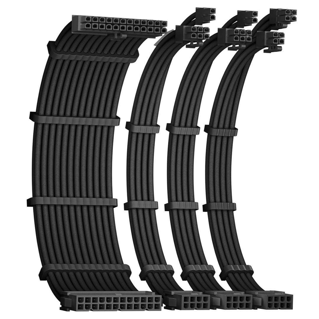 16AWG PSU Cable Extension, Soft Braided Cable Extension PC, 1x24Pin ATX / 1x8Pin(4+4) EPS / 2x8Pin(6+2) PCI-e PSU Extension Cable Kit, 30cm with Combs, Black