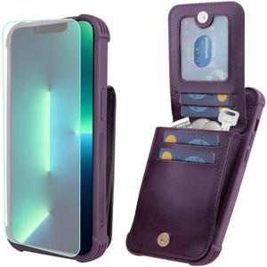 VANAVAGY Compatible for iPhone 13 Pro Max Wallet Case for Women Men, PU Leather Magnetic Clasp Flip Phone Cover with RFID Blocking Card Holder Coin Pocket Screen Protector,Purple