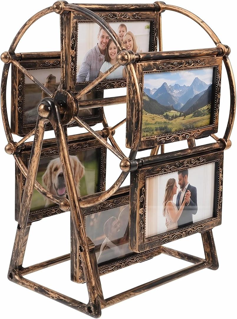 PRETYZOOM Retro Vintage Rotating 12 Photos Ferris Wheel Picture Frame, 4'' Photo Carousel Shows for DIY Spinning Valentine Home Windmill Family Dcor Christmas Birthday, 24.5x16.5cm