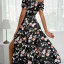 BLENCOT Womens Casual Summer Square Neck Short Sleeve Split Thigh Cotton Dress Boho Floral Print Tie Front Midi Dresses (Black, L)