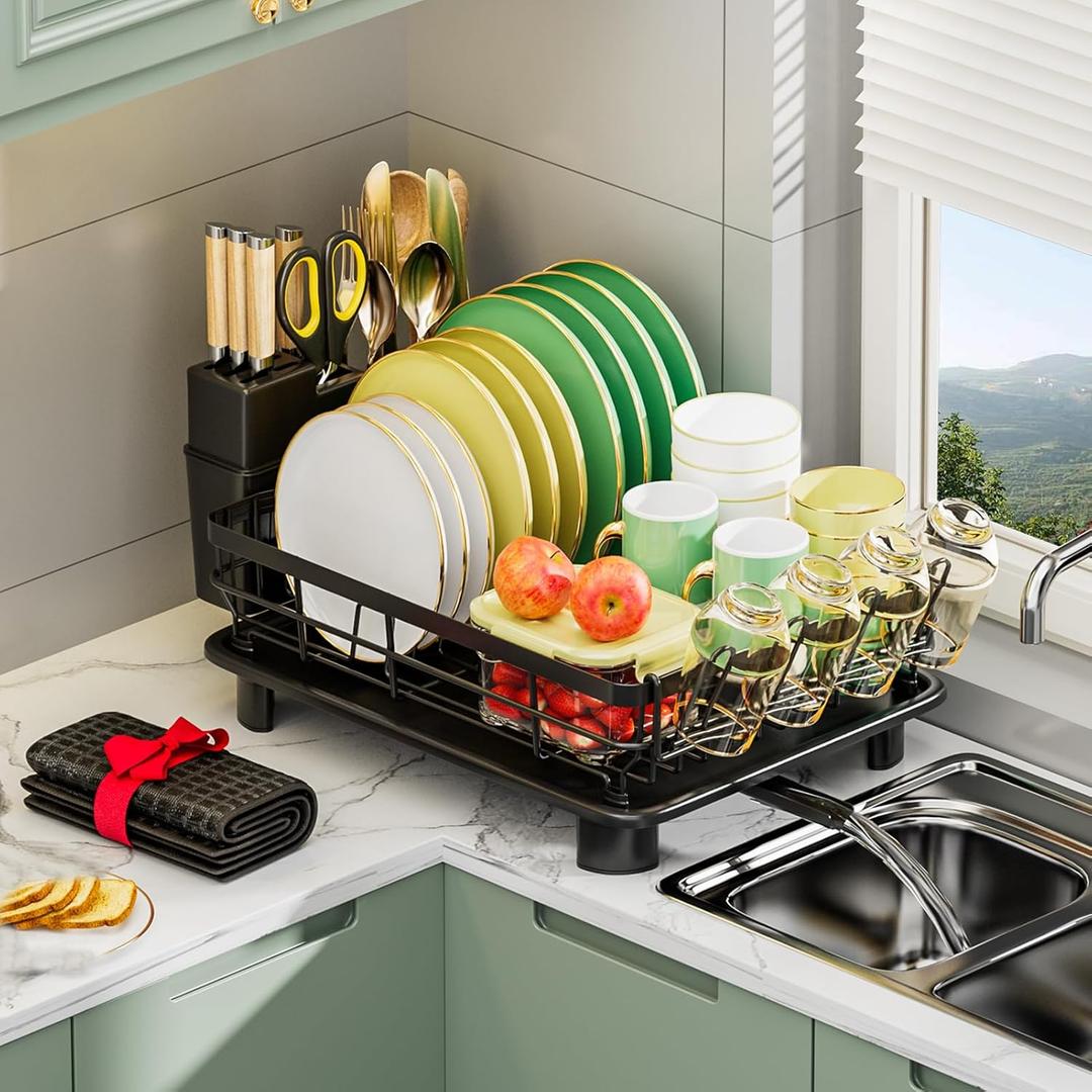 Dish Drying Rack for Kitchen Counter Large Drainboard, 4 Slots for Plates, Knife & Fork Holder, Cup Organizer, Rotating Swivel Spout, Durable Black Coated Steel Design Easy Drainage for Dry &Tidy