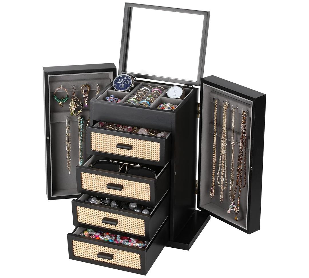 Jewelry Organizer, Rattan Jewelry Box, 5 Layer Wooden Jewelry Organizer Box with Mirror, Jewelry Boxes with 4 Drawers for Women Men, Black Jewelry Storage for Rings Earrings Necklaces Bracelets Watch