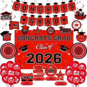 Graduation Decorations 2026 Red Themed Set, Congrats Grad Banner Class of 2026 Backdrop Balloons and Streamers Kit High School and College Graduation Party Supplies