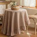 Coffee Plaid Ruffled Table Cover Linen 60Inch Round Gingham Tablecloth Classic Farmhouse Vintage Checkered Table Cover Decorative Buffalo Plaid for Home Holiday Party 60"(Round)