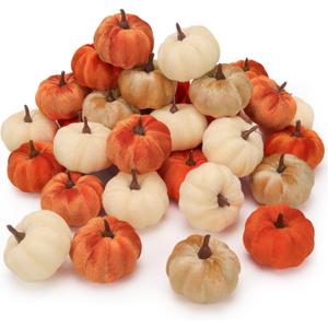 Folmywy 24 Pcs Faux Velvet Pumpkins Small Artificial Fall Harvest Pumpkin Decoration Fake Foam Fabric Pumpkins for Thanksgiving Halloween Fall Wreath Home Decor Table Vase Filler Wedding