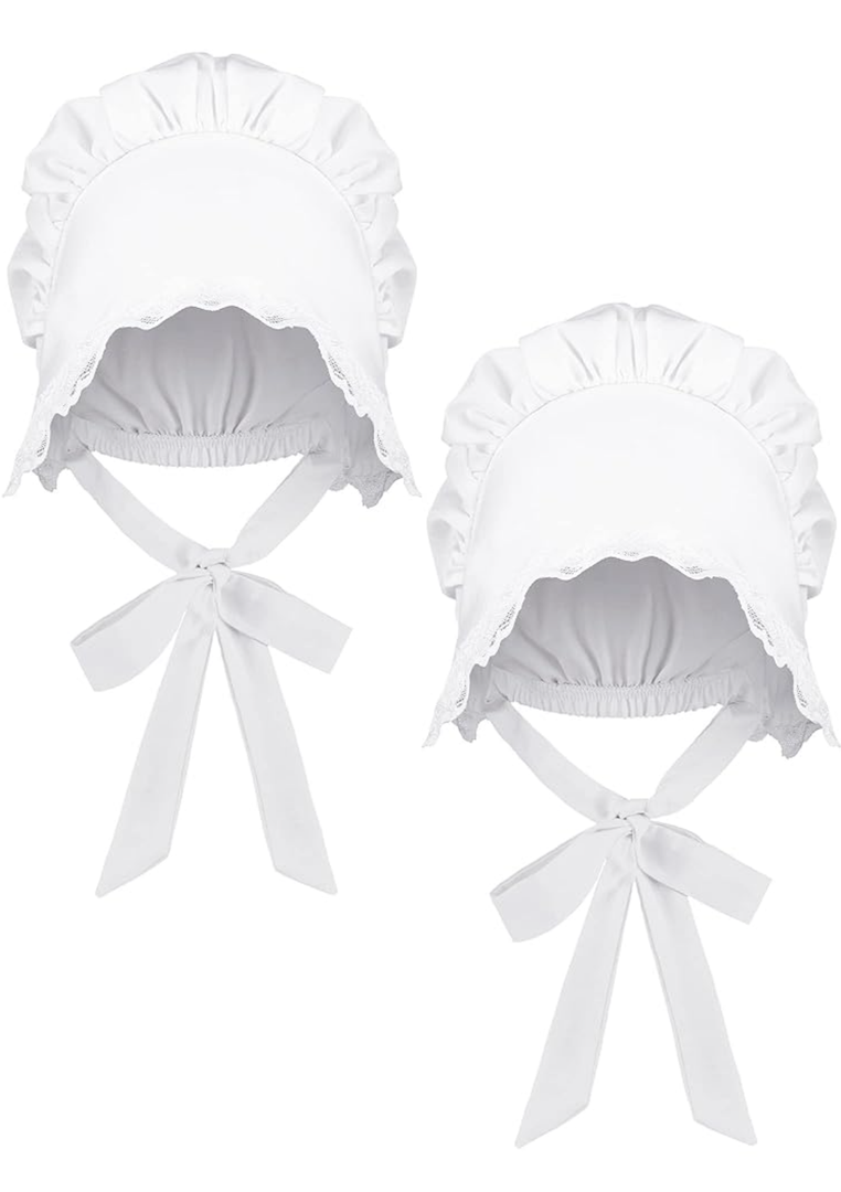 JenPen White Bonnet Women Colonial Hat Mob Bonnets Straw Handmaids Cosplay Easter Costume Lace with Adjustable Straps 2 Pcs S