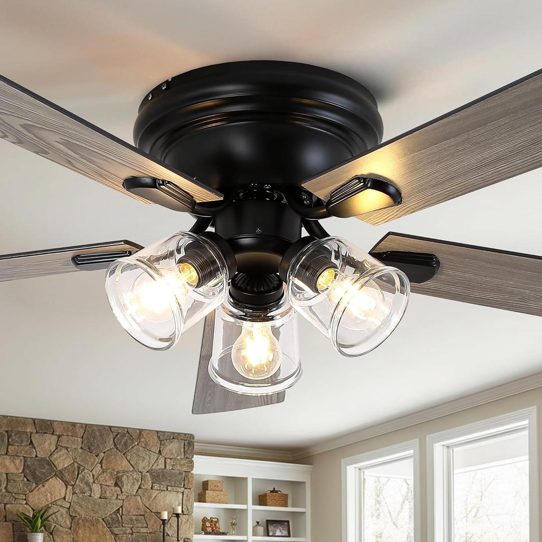 52 Inch Vintage Ceiling Fan with Light and Remote Control, Flush Mount Chandelier Fandelier Rustic with 6 Speeds 5 Reversible Blades for Bedroom Kitchen Dining Room