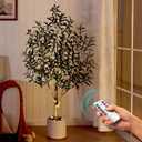 Verinatural Olive Trees Artificial Indoor 5FT - Realistic Fake Plants with Remote LED Spotlights, White Planter - Faux Olive Tree for Home Living Room Office Floor Bedroom Decor, VN214