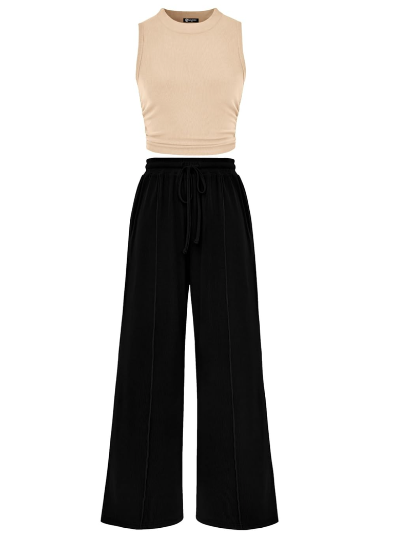 PRETTYGARDEN 2 Piece Sets for Women 2025 Summer Sleeveless Tank Ribbed Travel Beach Vacation Spring Lounge Wear Outfits(Size L)