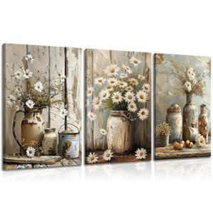 Rustic Farmhouse Daisy Flower Canvas wall art Vintage Country Floral Poster Print Artwork Modern Still Life Nature Botanical Wall Decor for Bedroom, Living Room Bathroom Scene Furniture Decoration