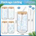 Reallnaive 4 Pcs 16oz Ocean Themed Gifts Beach Drinking Glasses Cup with Bamboo Lids and Straws Shell Sea Turtle Starfish Conch Coffee Glass Tumbler for Seashore Coastal Lovers Beach Party Gifts