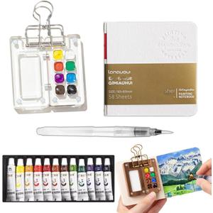 Mini Travel Watercolor Set Pocket Artist Watercolor Travel Set Grid Palette Box Sketch Book Brush Pens With Binder Clips For Painters Artists Students (Acrylic 8 Grids)