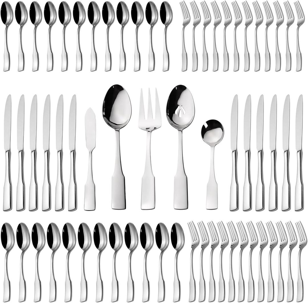 Alata Kate 65-Piece Silverware With Utensil-Serving Set, Service for 12, Stainless Steel Flatware, Mirror Polished Cutlery, Dishwasher Safe (65 pieces for 12)