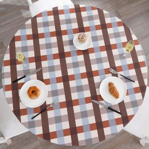 Walrus Round Vinyl Fitted Tablecloth with Flannel Backing Elastic Edge Design Table Cover Waterproof Oil-Proof PVC Table Cloth Stain-Resistant Best for 45"-56" Round (Checkered)