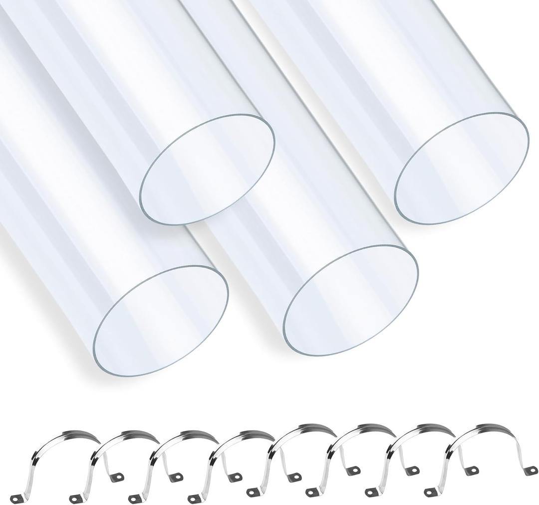 4 Pieces 4" x 36" Clear Rigid Pipes, Plastic Round Tubes with Strap Clamps for Home, Garden, Woodworking, DIY Dust Collection System