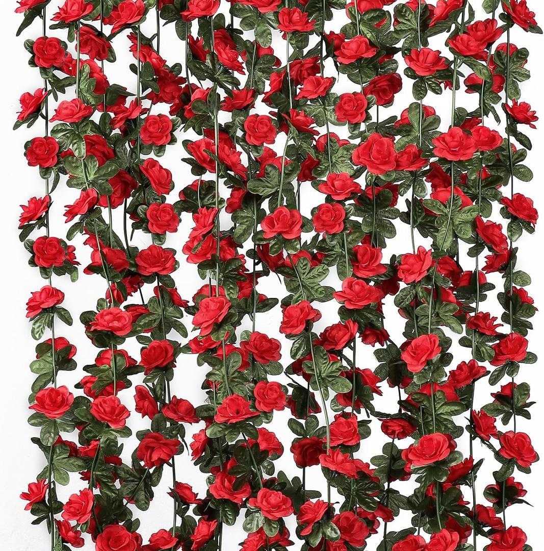 KHOYIME 18 Pack 144 FT Artificial Flower Garland, Fake Red Roses Vines Silk Flowers Faux Plastic Outdoor Hanging Floral Ivy Garland Decoration for Wedding Arch Bedroom Home Wall Backdrop Room Decor, 18pcs