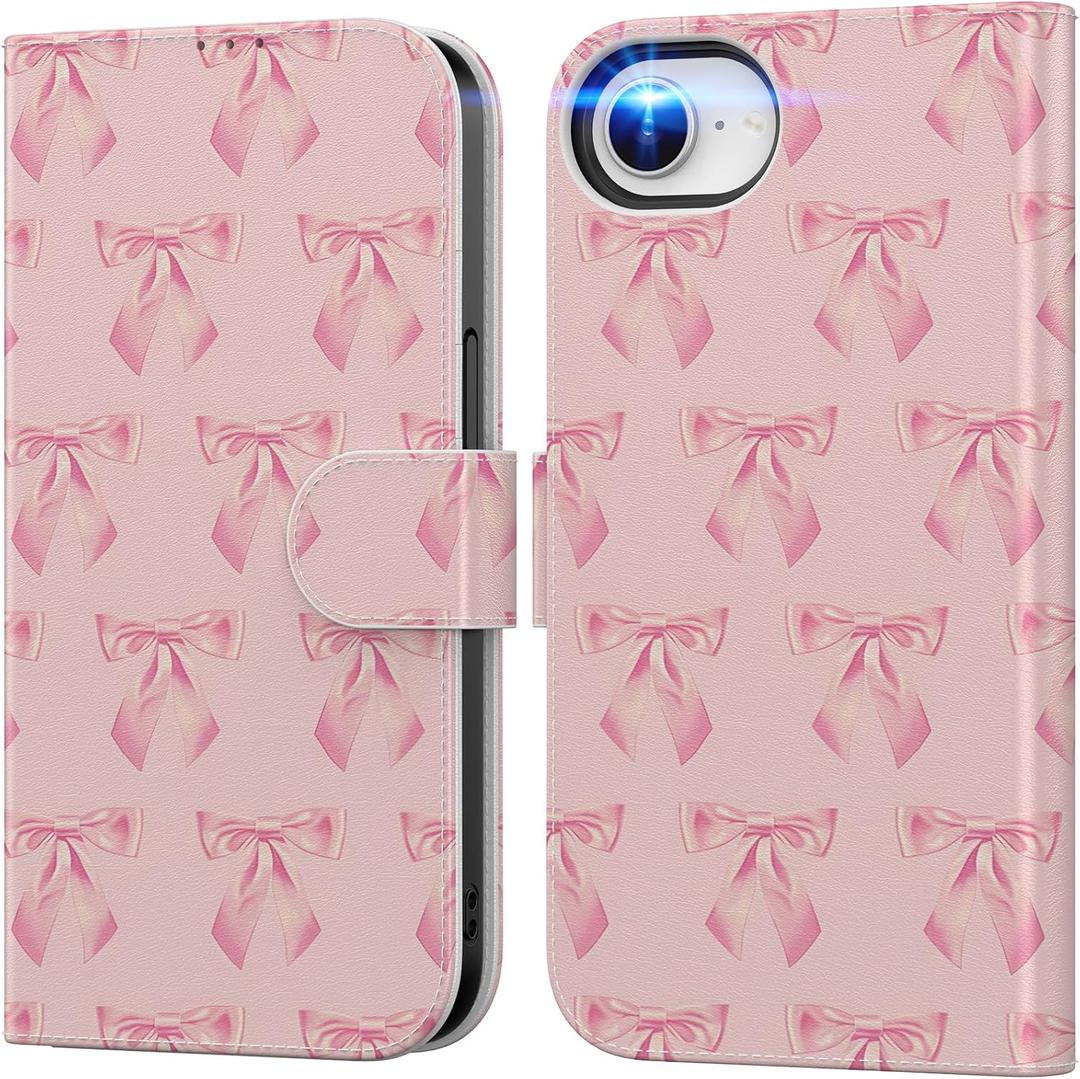 DEENAKIN for iPhone 16e Wallet Case with Card Holder + Cash Clip, RFID-Blocking, Military-Grade Drop Protection & UV-Printed Artwork, Magnetic Closure with Leather Kickstand - Cute Pink Bow