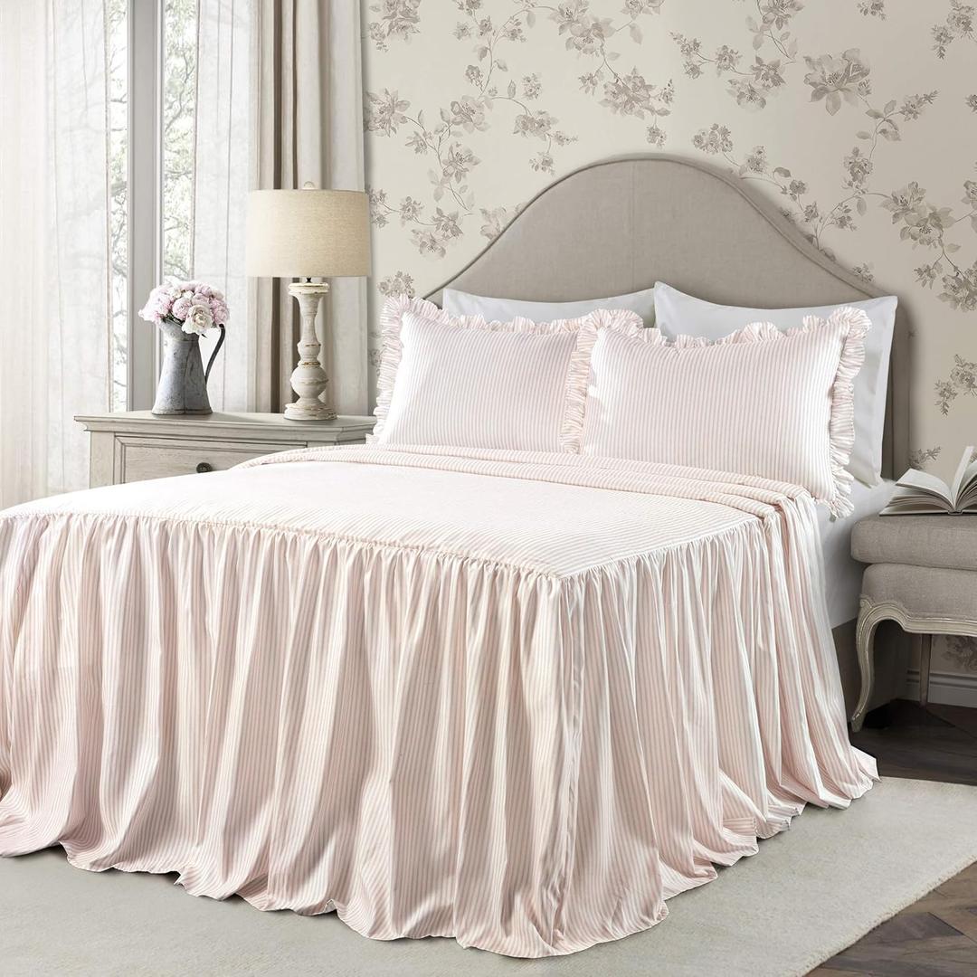Lush Decor Ticking Stripe Bedspread Queen Size 3 Piece Set Blush - Ruffle Bedding Set Queen Bedspreads - Striped Bedding - Farmhouse & Coquette Decor