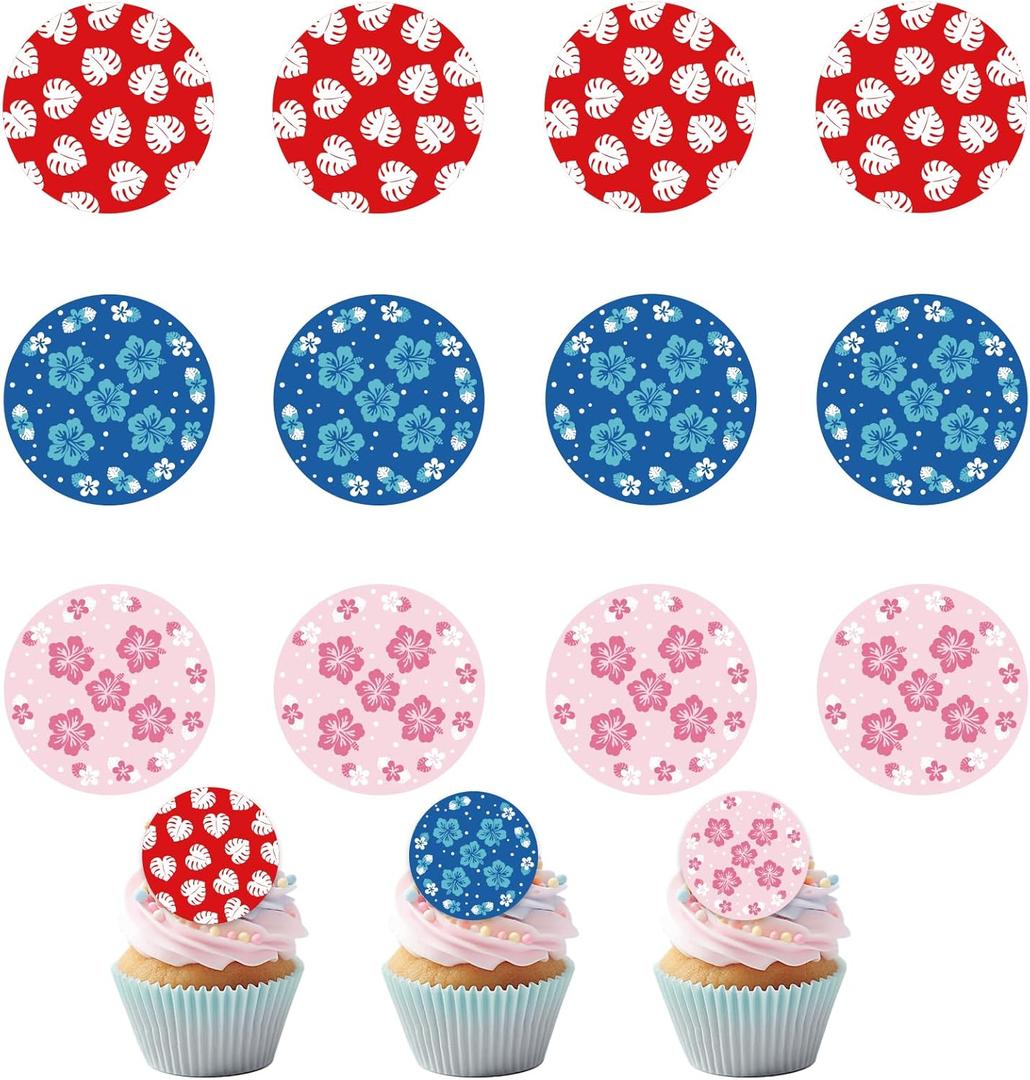 15pcs Edible Round Cupcake Toppers, 2in/5cm Pre-Cut Wafer Paper Hawaiian Cupcake Decorations Hibiscus & Leaf Birthday Cartoon Theme Decor Supplies for Hawaii Party (3 Styles)