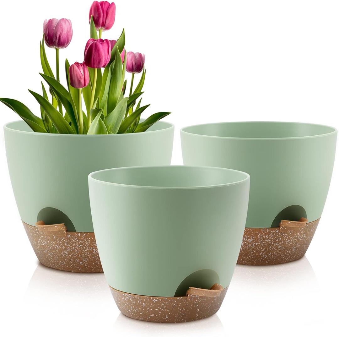 QRRICA Plant Pots 10/9/8 Inch Self Watering Pots, Set of 3 Plastic Planters with Drainage Holes and Saucers,Plastic Flower Pots,Nursery Planting Pot for Indoor Out Door Plants, Green