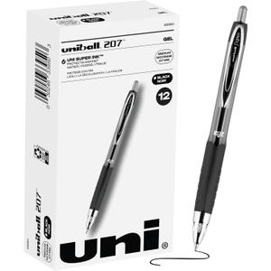 uni-ball 207 Retractable Gel Pens Medium Point, 0.7mm, Black, 12 Pack