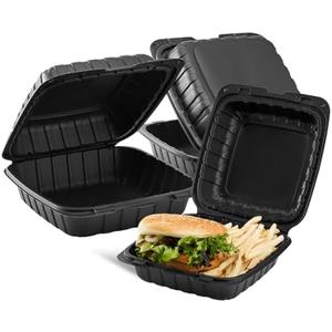 KARAT EARTH Clamshell Take Out Food Containers [8"x8" - 50 ct] To Go Containers | Microwavable, Freezer Safe, Soak-Resistant, Durable, Stackable | Vented for Hot/Cold Foods, Black