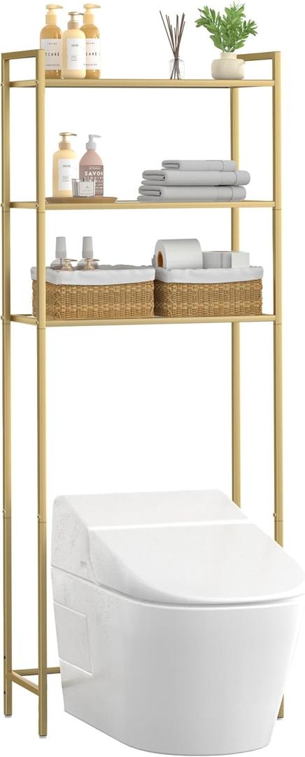 Homhedy Over The Toilet Storage, Metal 3-Tier Over-The-Toilet Bathroom Organizer Rack, Tempered Glass Shelves, Space-Saving, for Bathroom, Restroom, Laundry, Modern Style, Golden