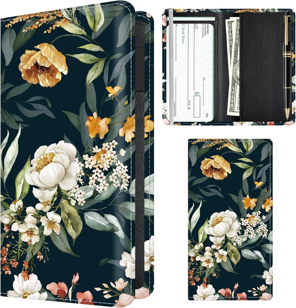 Checkbook Cover for Personal Checkbook, Cute PU Leather Check Book for Women & Men, Slim Checkbook Holder with Pen Holder and Built-in Clear Plastic Divider Dark Floral Lily